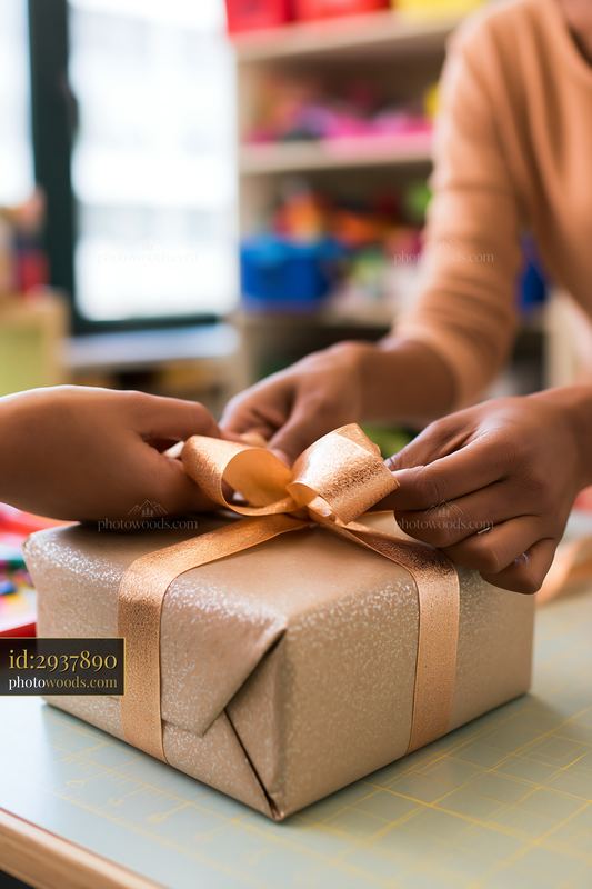 Hands tying a ribbon around a wrapped gift box