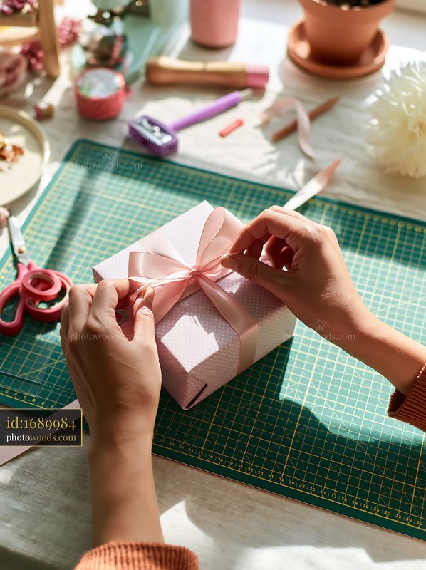 Hands tying a pink ribbon around a wrapped gift box