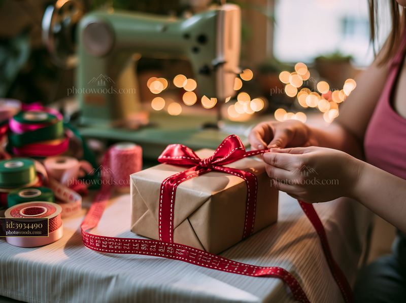 Hands tying ribbon around gift box in a cozy craft space