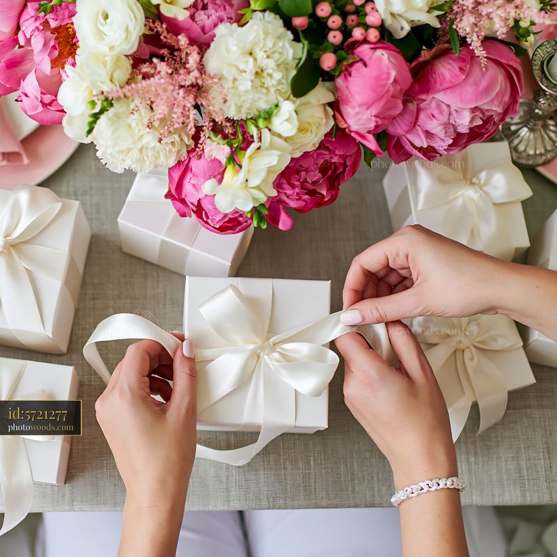 Hands tying a white ribbon around a gift box