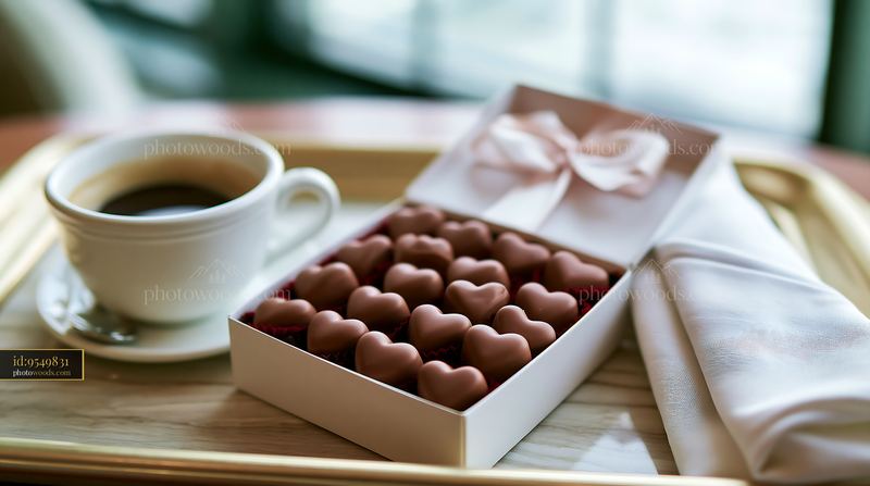 Heart-shaped chocolate pieces in gift packaging with a coffee cup