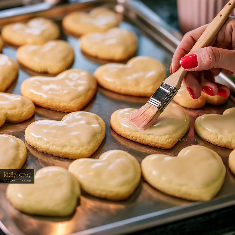 Heart shaped cookies being glazed on a baking tray