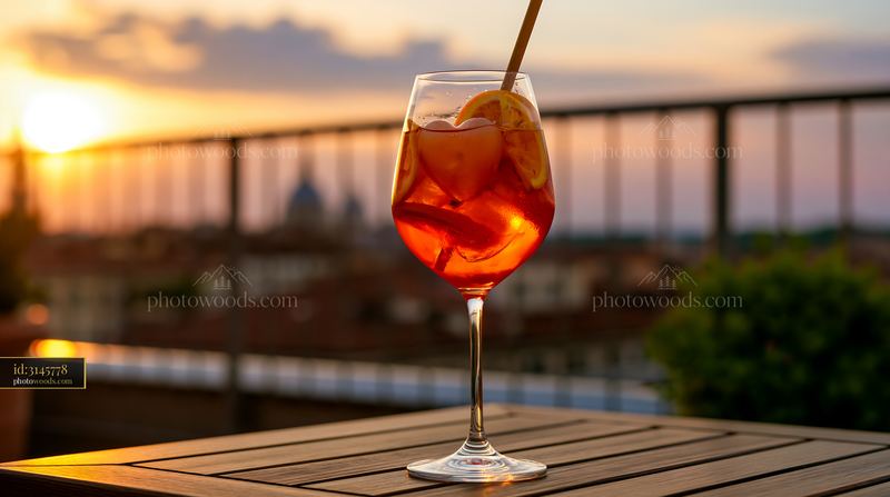 Heart-shaped ice cube in an orange drink at sunset