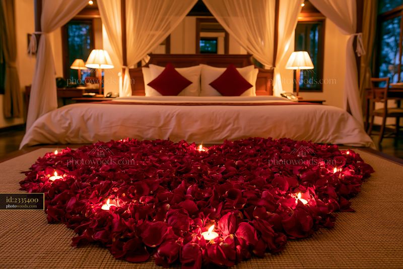 Rose Petal Heart on a Canopy Bed with Candlelight