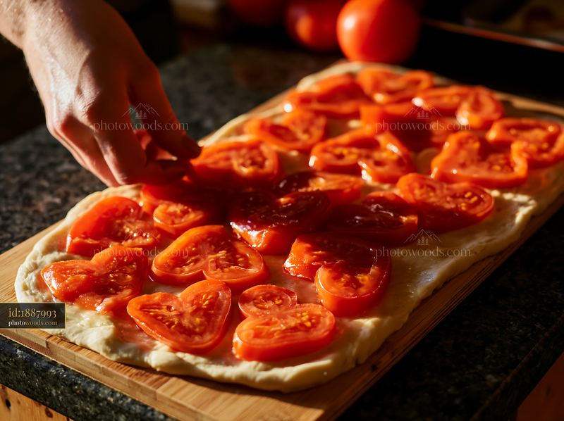 Heart-shaped tomato slices arranged on dough for cooking