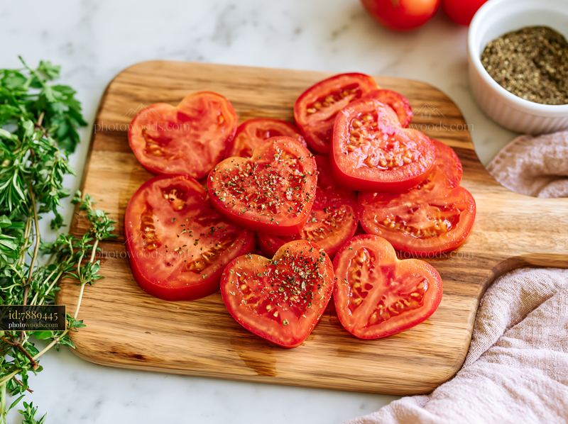 Heart-shaped tomato slices on a wooden cutting board