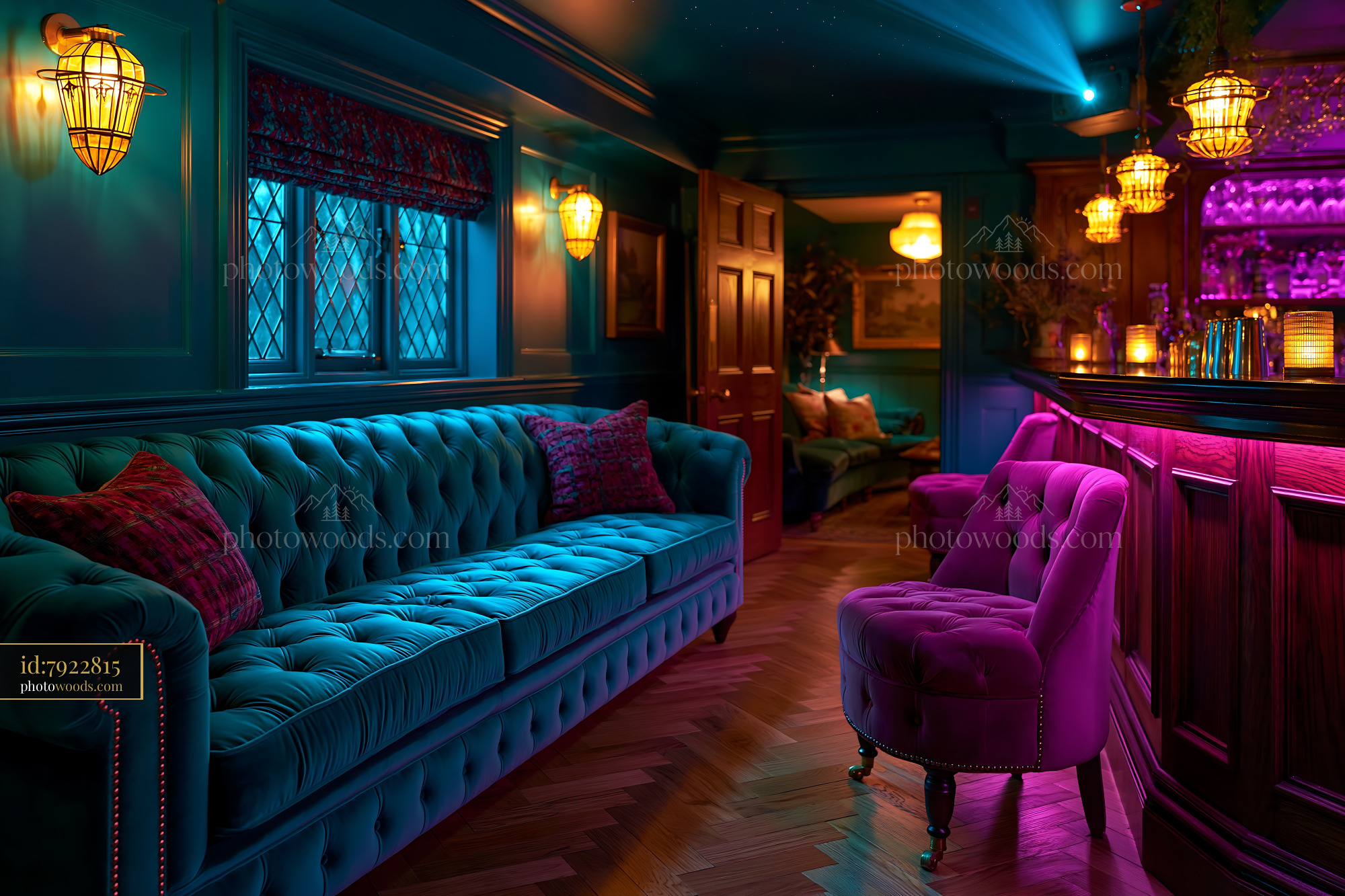Hidden Basement Cinema With Vintage Decor and Colorful Lighting