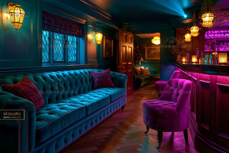 Hidden Basement Cinema With Vintage Decor and Colorful Lighting
