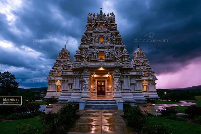 Hindu Temple Architecture Under Stormy Sky Near Yoga, USA