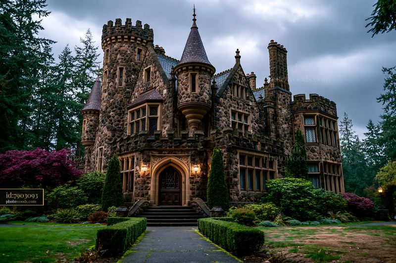 Historic Castle in a Forest Setting With Dark Clouds