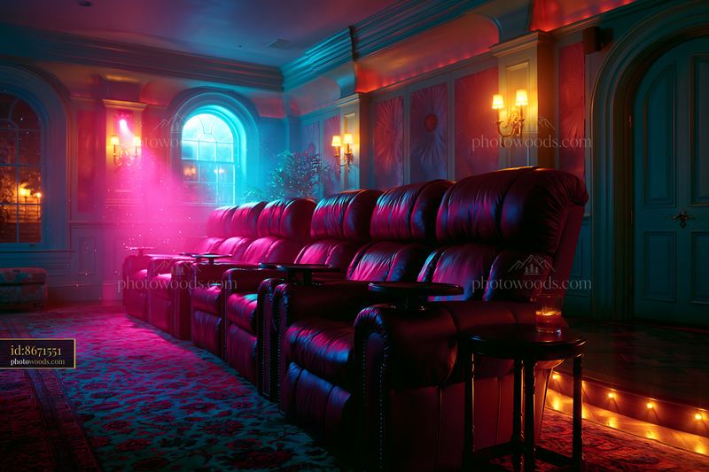 Home Theater With Plush Seats and Colorful Lighting