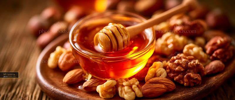 Honey and Nuts Spread on a Wooden Plate With a Honey Dipper
