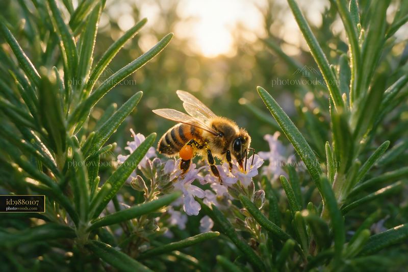 Honey bee foraging on a rosemary flower