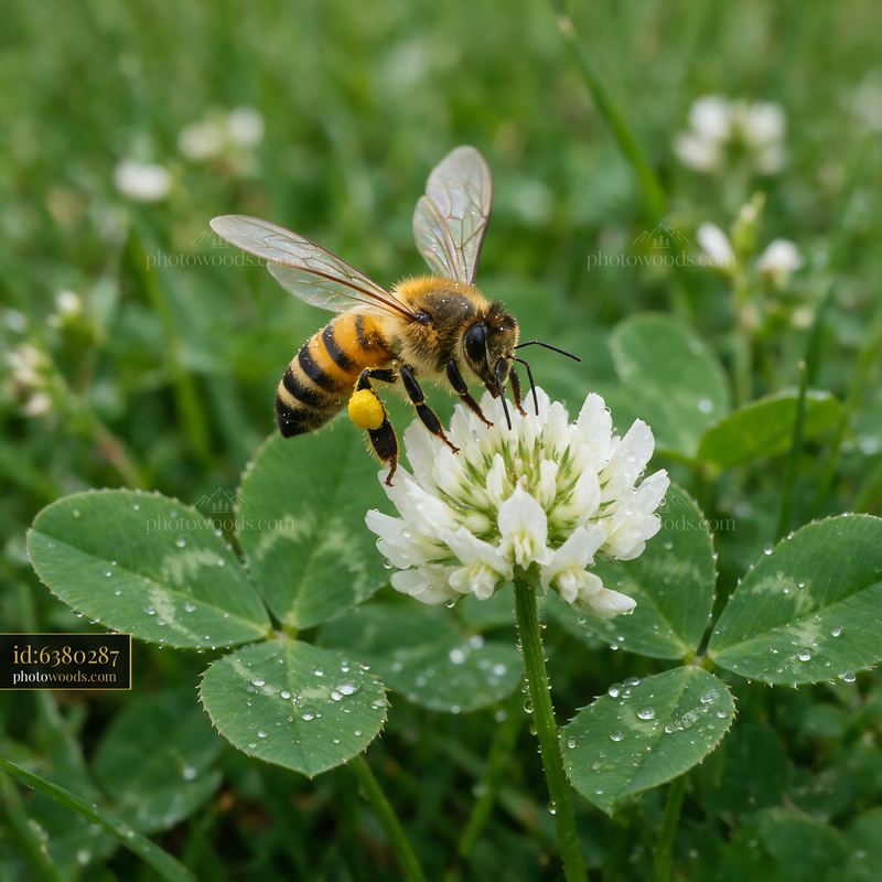 Honey bee landing on white clover with wings open