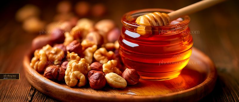 Honey and nuts in a wooden bowl on a wooden table