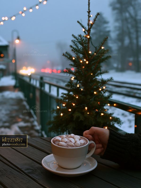 Hot cocoa with marshmallows beside a lit evergreen in snow