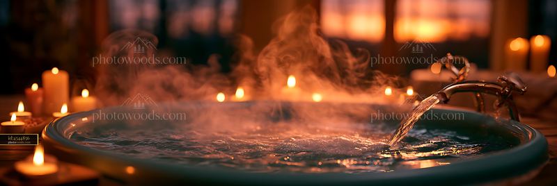 Hot Water Pouring Into a Bath With Steam and Candles at Sunset
