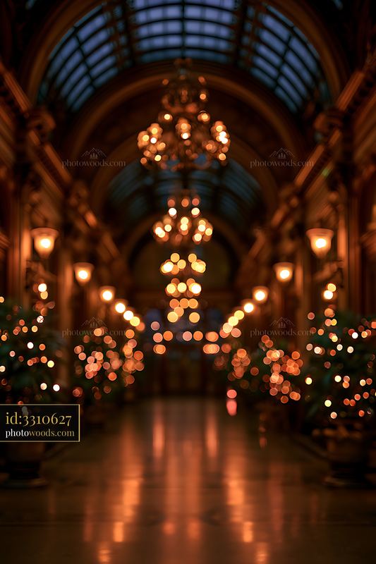 Hotel Arcade With High Arched Ceilings and Chandeliers
