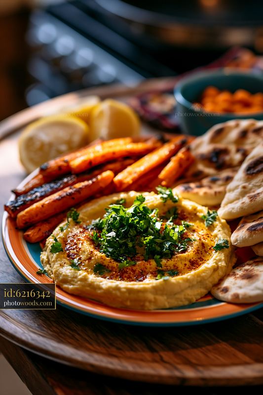 Hummus platter with roasted carrots, herbs, and flatbread