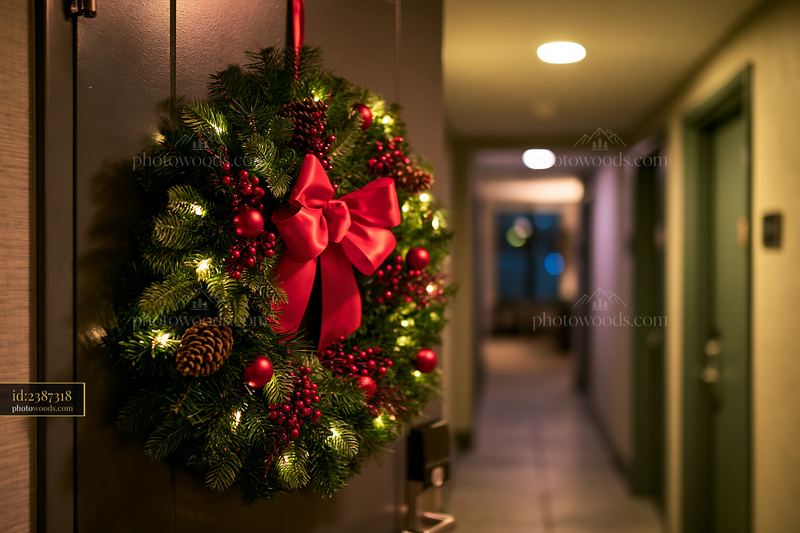 Illuminated Christmas wreath on an apartment door
