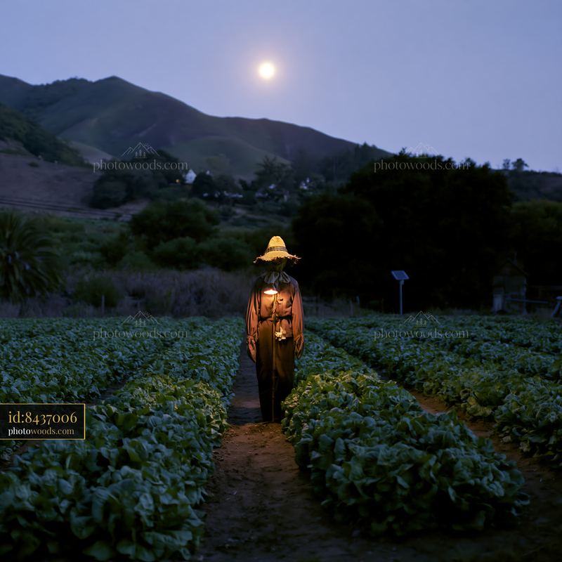 Illuminated scarecrow standing in a moonlit crop field