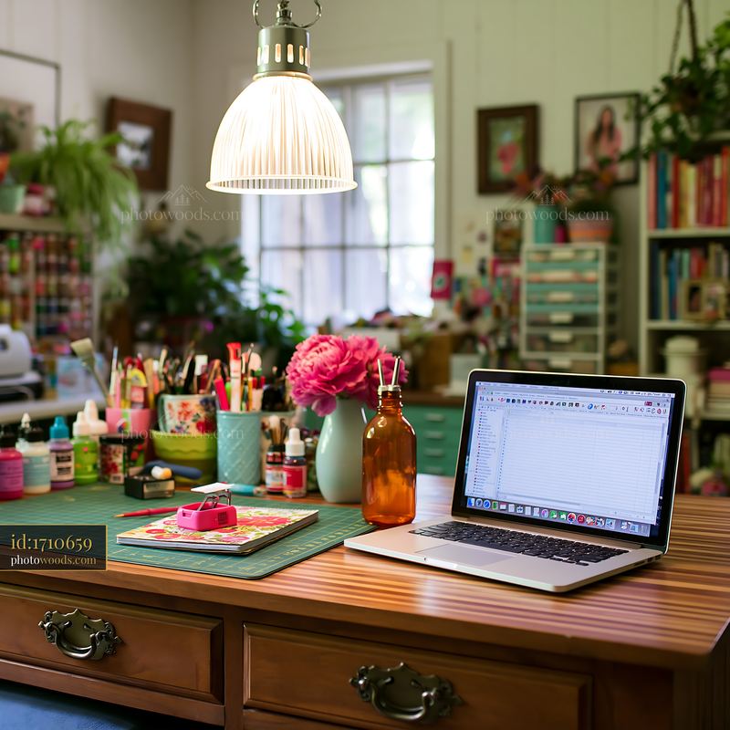 Workspace with an empty bottle beside laptop and creative supplies