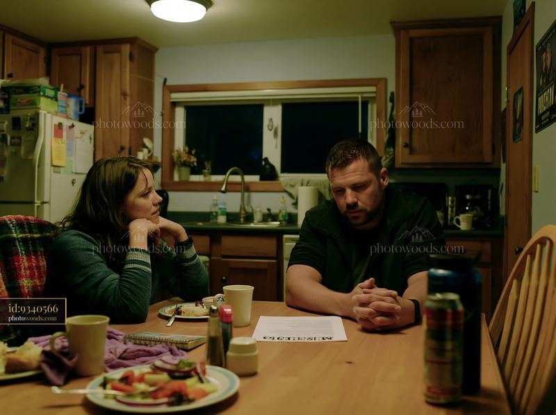 Parents looking at a missing child notice in a home kitchen