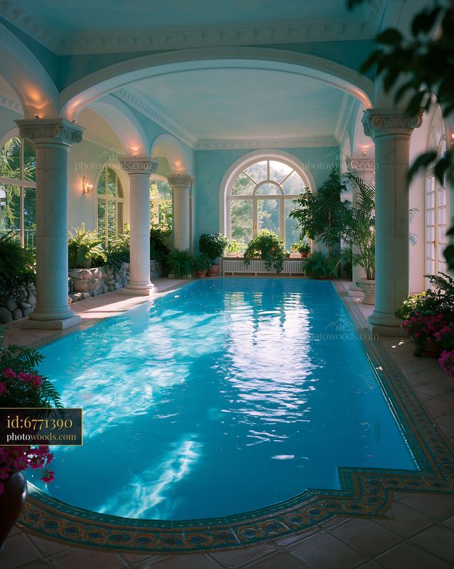 Indoor Pool Hall With Stone Columns and Plants