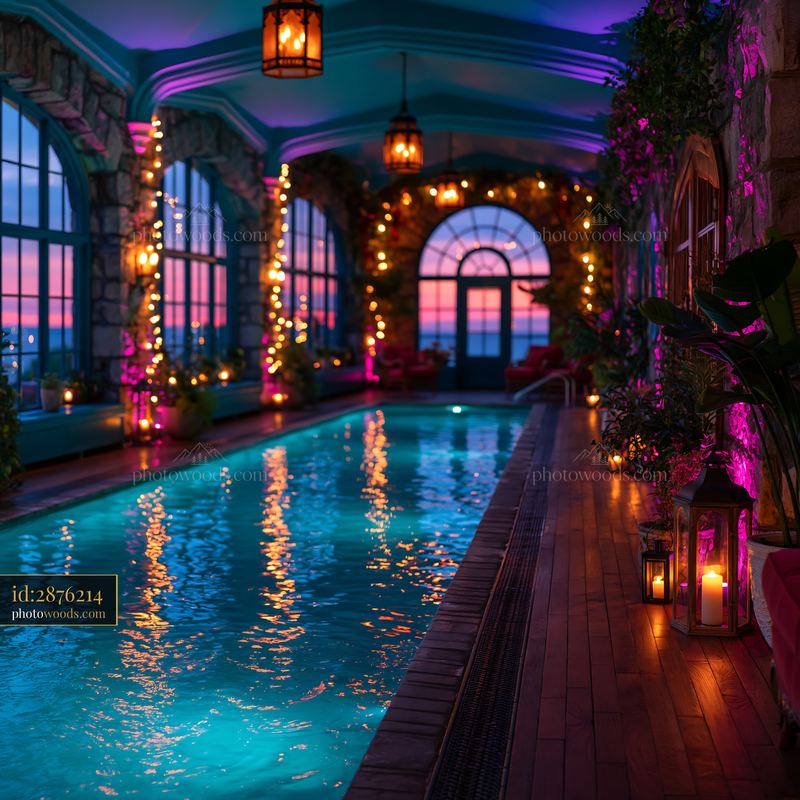 Indoor Swimming Pool With Stone Columns at Sunset