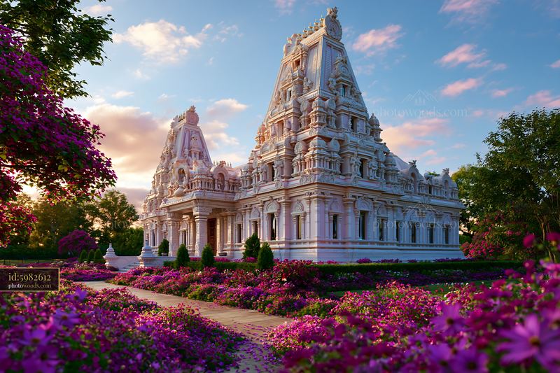 ISKCON Temple Surrounded by Pink Flowers at Sunset