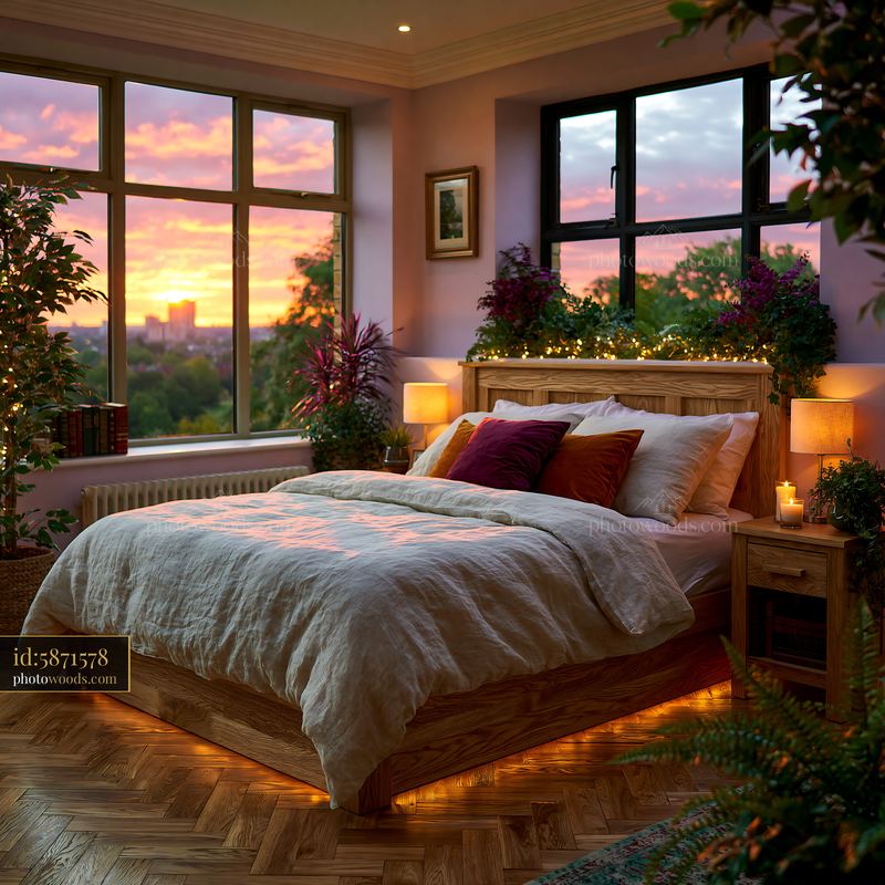 Japandi Bedroom With Oak Furniture and Linen at Sunset