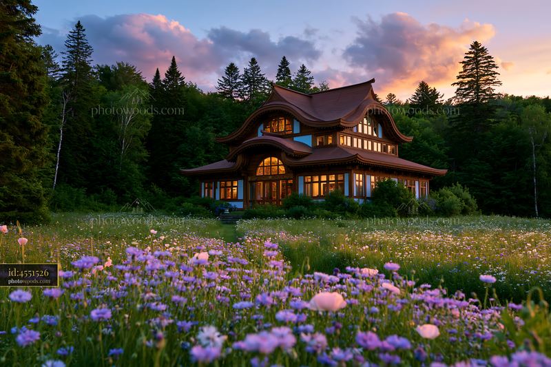 Karme Natural Architecture at Sunset in a Flower-Filled Landscape