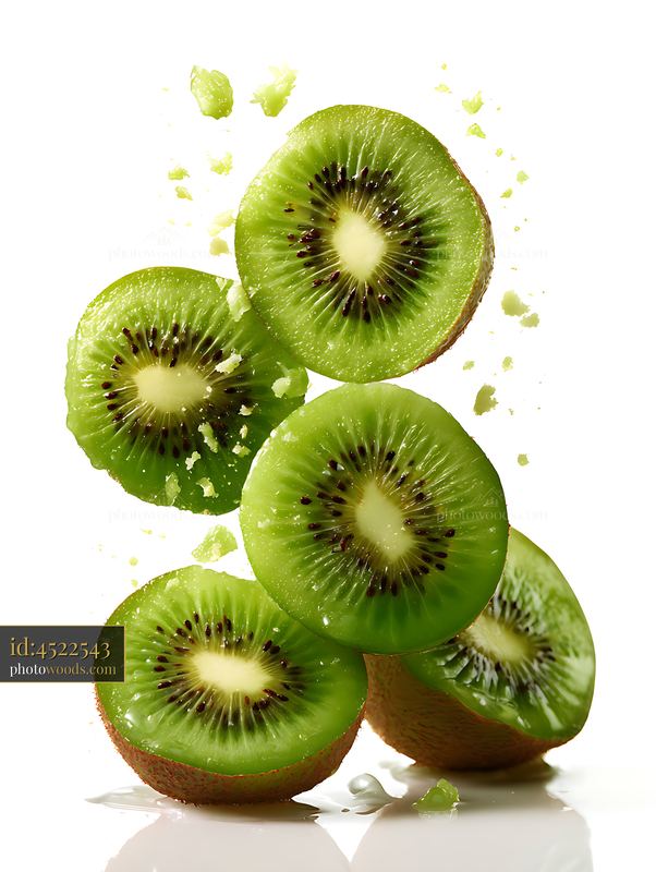 Kiwi Slices Spinning Through the Air Showing Their Fresh Green Color