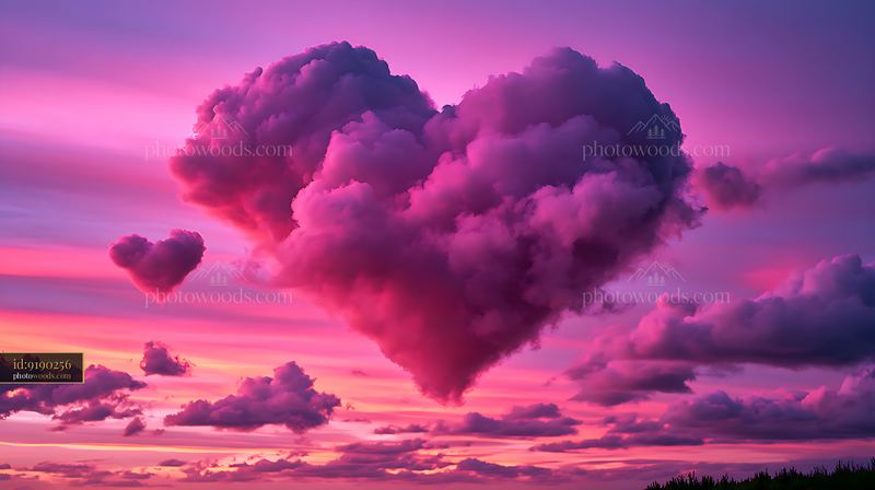 Heart-shaped clouds in a colorful sunset sky