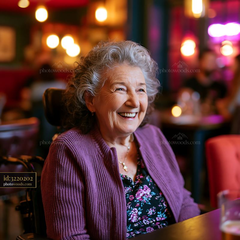 Laughing Grandmother in a Modern Wheelchair in a Lively Cafe