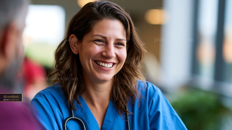 Laughing Nurse With Cochlear Implant in Bright Hospital Setting