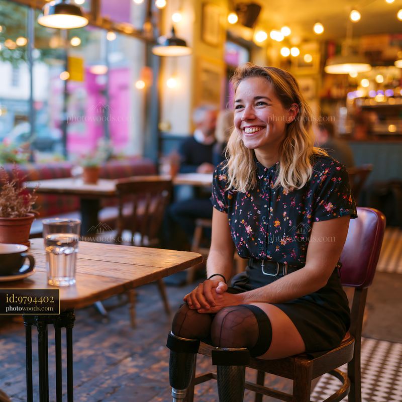 Laughing Student With Leg Braces Sitting in Cozy Cafe