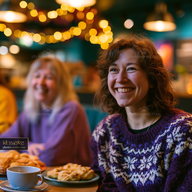 Laughing Woman in a Sweater With Friends in a Cozy Cafe Setting