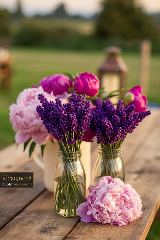 Milk bottles and flowers on a market table with fresh blooms