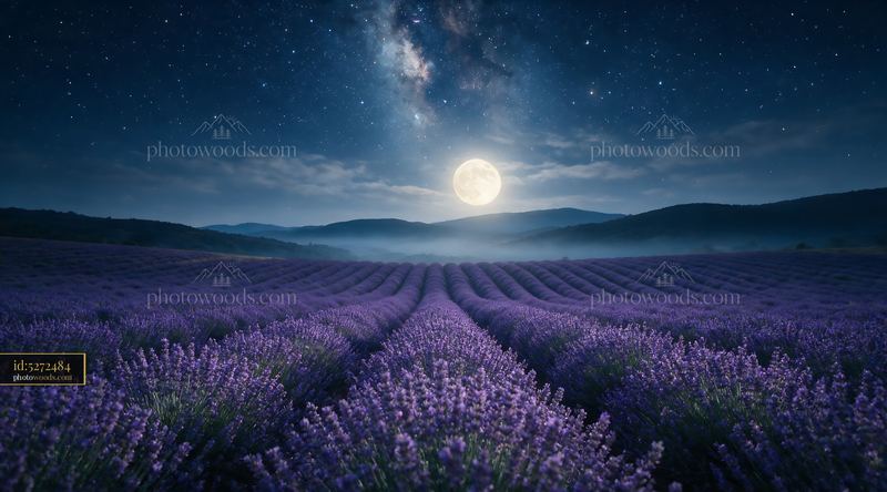 Starry night above a lavender field with a full moon