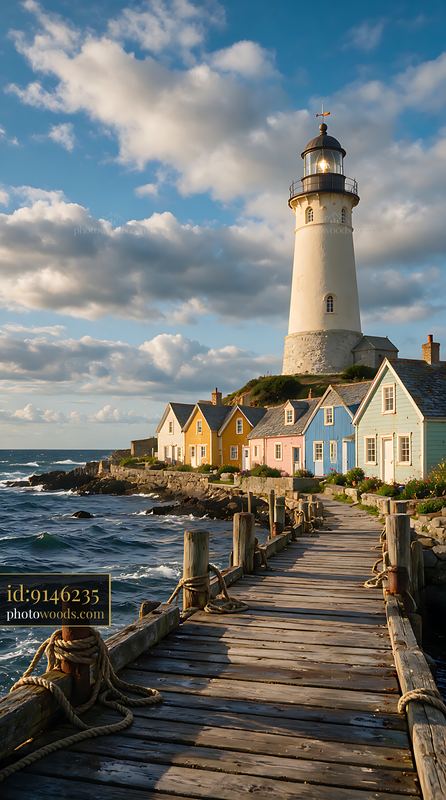 Lighthouse and Colorful Houses by the Shore in a Coastal Setting