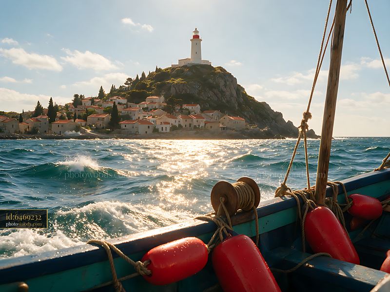 Lighthouse above a coastal fishing village viewed from a boat