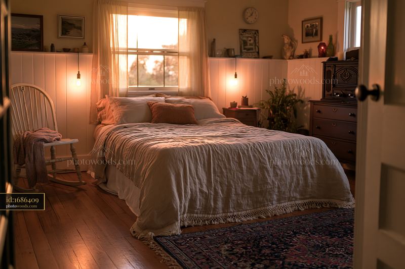 Rustic bedroom with linen bedding and warm evening light