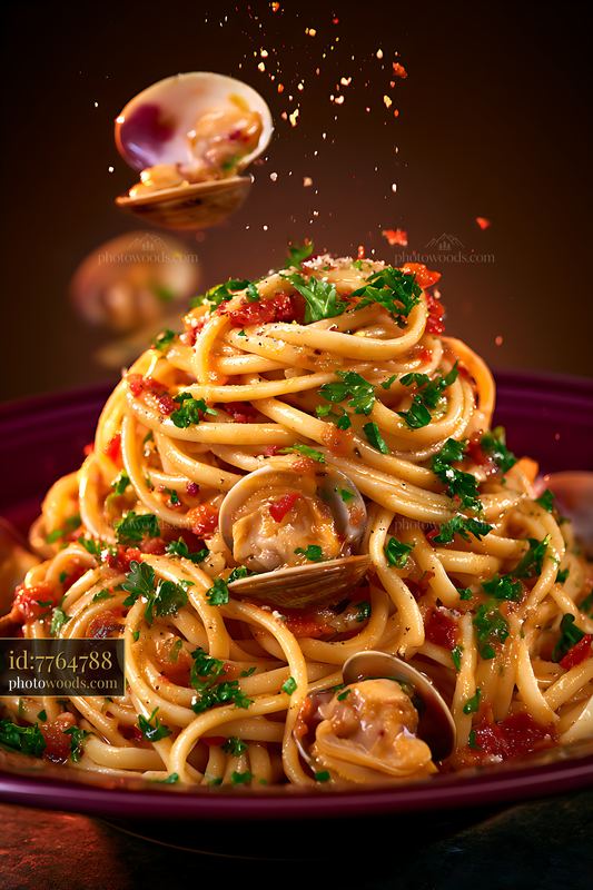 Linguine With Clams Floating in Air With Herbs and Sauce