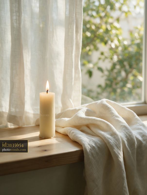 Lit candle on a sunlit windowsill with sheer curtains
