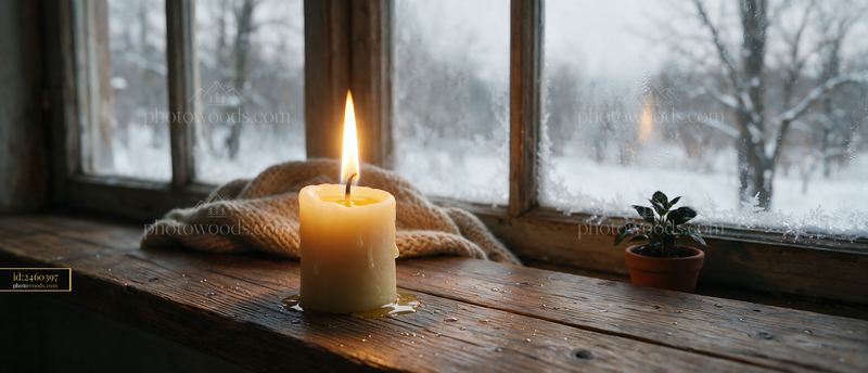 Candle flame glowing beside a snowy window