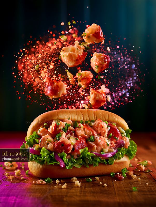 Lobster Roll With Chunks Floating Above in a Colorful Setting