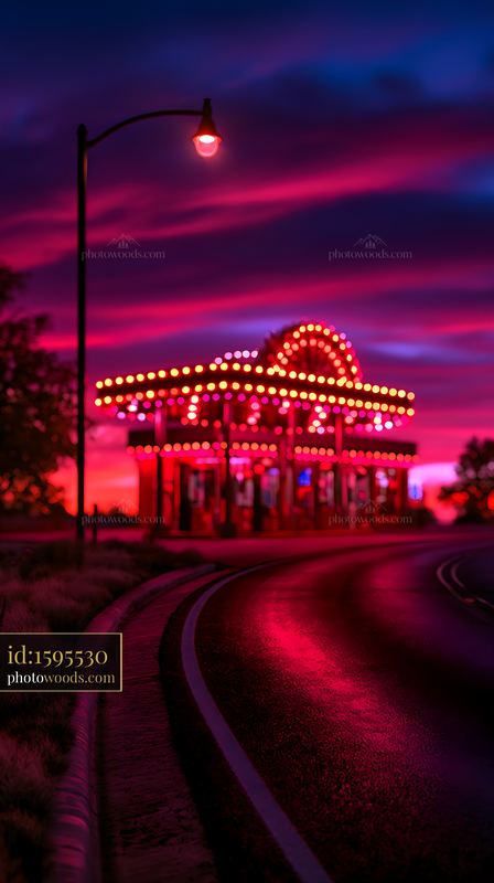 Lone Gas Station Glowing at Dusk on a Desert Road