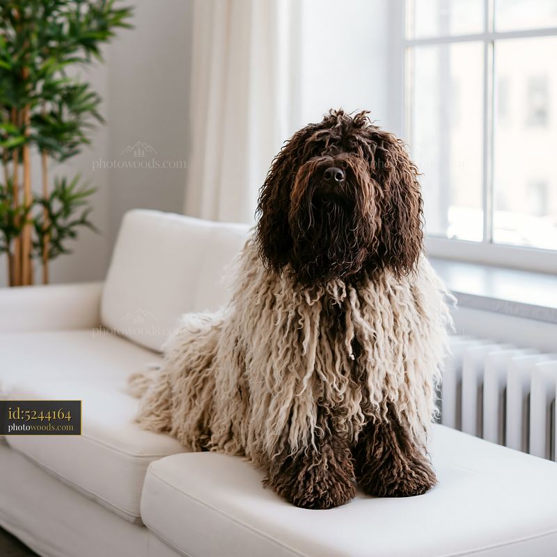 Long-haired dog sitting on a white sofa at home