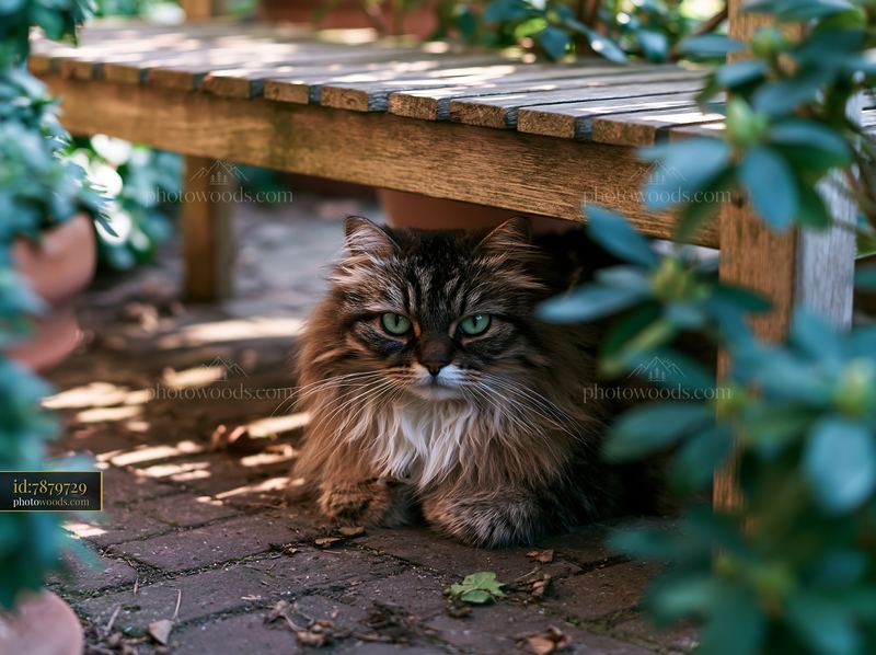 Asian Semi-longhair cat resting beneath a wooden garden bench
